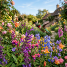 Spring garden with hummingbird over blooming flowers